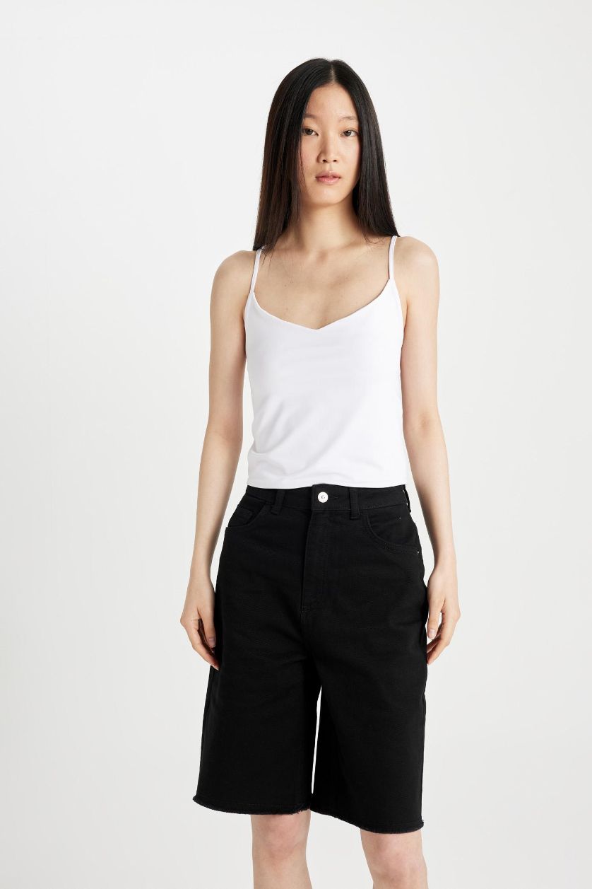 FEMME Noir Pantacourt Capri en Gabardine à Taille Haute