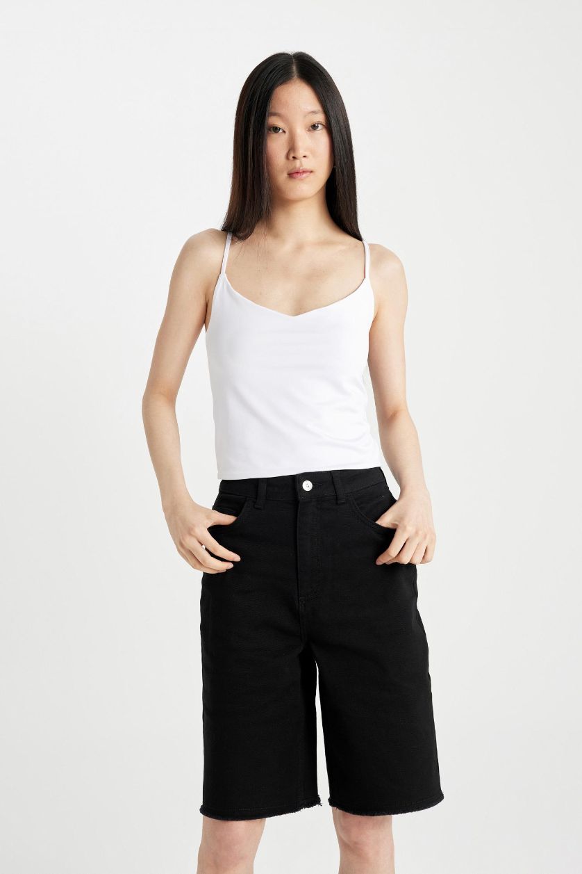 FEMME Noir Pantacourt Capri en Gabardine à Taille Haute
