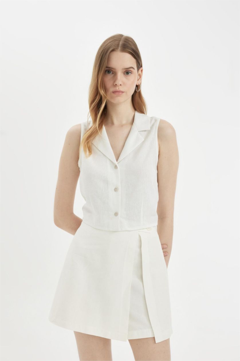 Woman White Regular Fit High Waist Linen Blend Skort