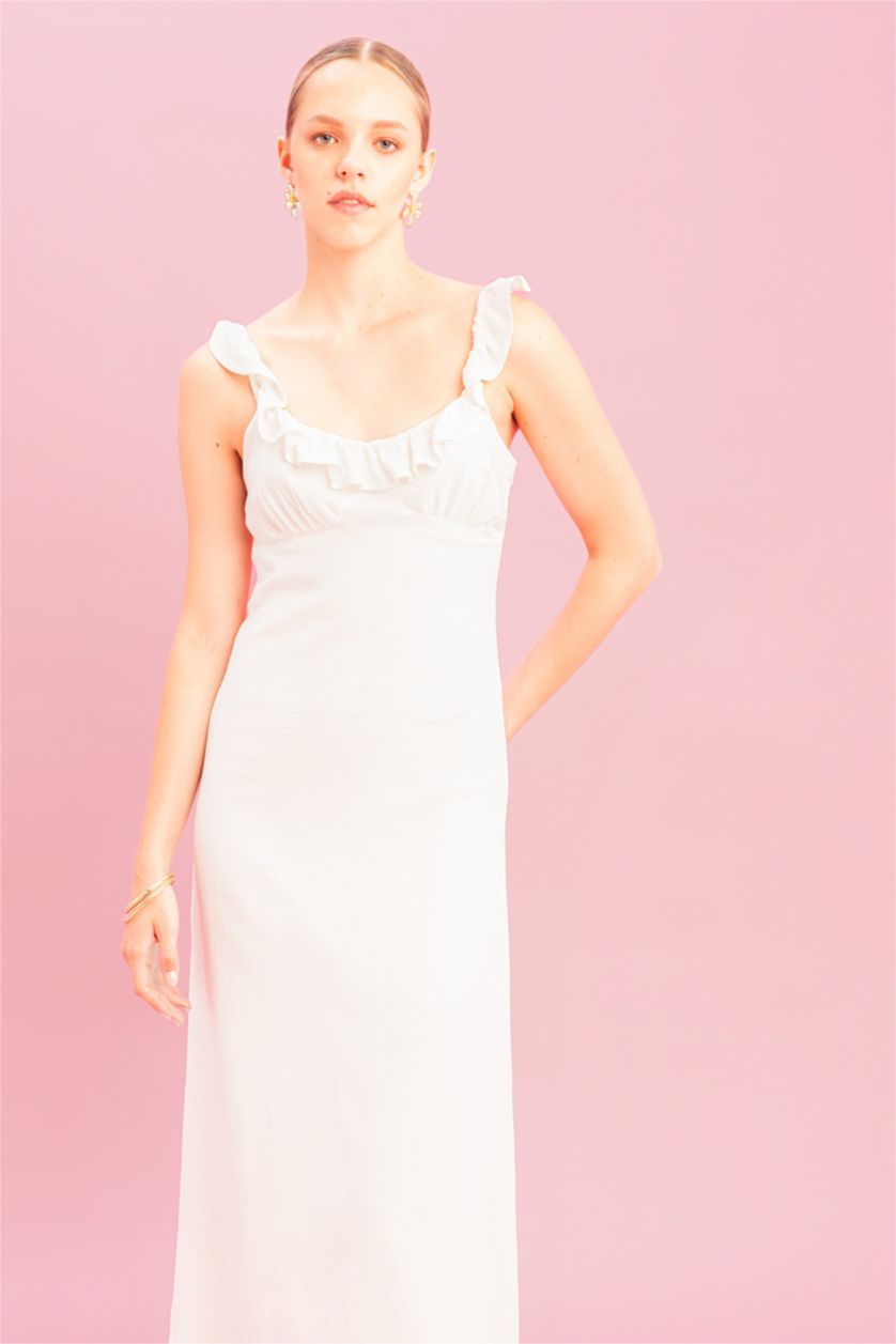 نساء اوف وايت فستان طويل كتان بحمالات بقصة A