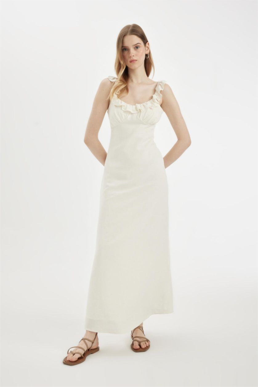 نساء اوف وايت فستان طويل كتان بحمالات بقصة A