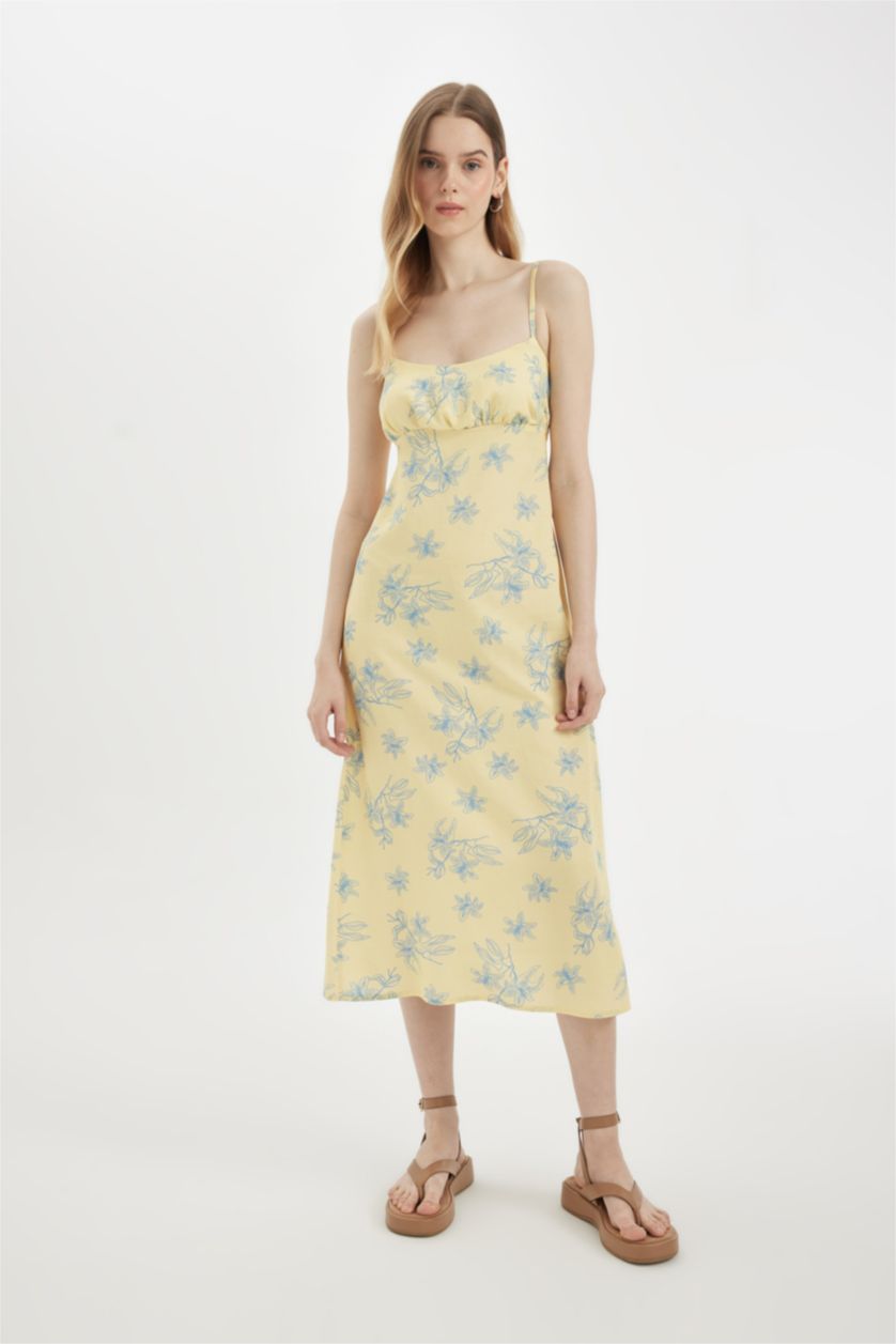 نساء أصفر فستان ميدي فلورال كتان بقصة A بحمالات