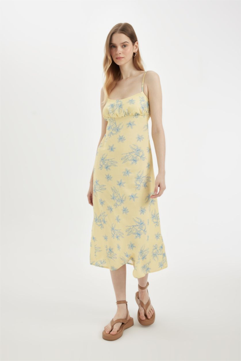 نساء أصفر فستان ميدي فلورال كتان بقصة A بحمالات