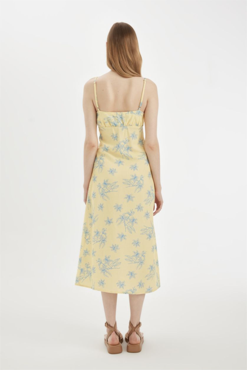 نساء أصفر فستان ميدي فلورال كتان بقصة A بحمالات