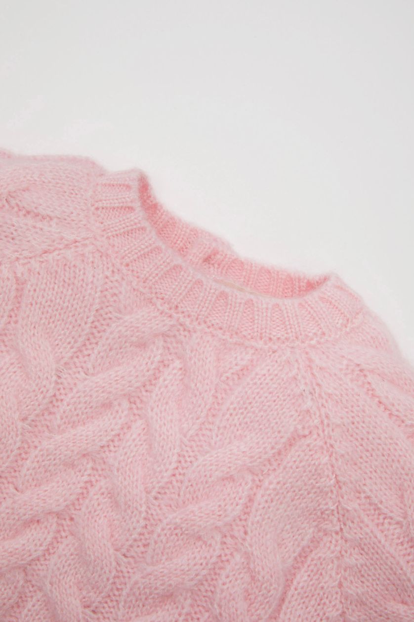 Kız Bebek Açık Pembe Kız Bebek Açık Pembe Bisiklet Yaka Örgü Desenli Triko Kazak