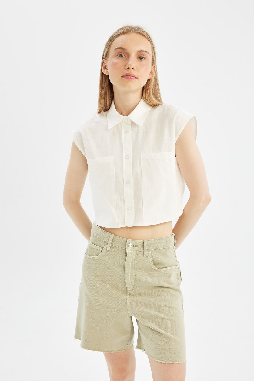 Kadın Kırık Beyaz Oversize Geniş Kalıp Flamlı Pamuk Kolsuz Gömlek