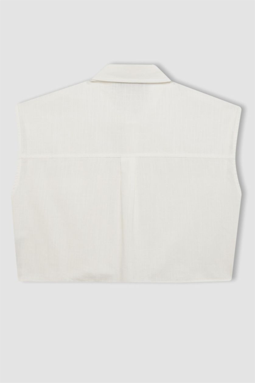 Kadın Kırık Beyaz Oversize Geniş Kalıp Flamlı Pamuk Kolsuz Gömlek