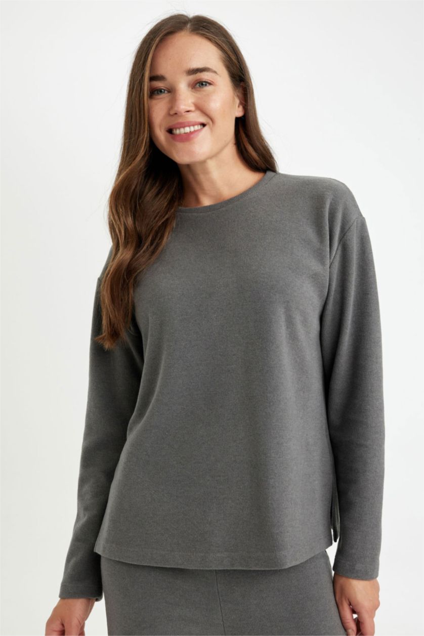 Kadın Antrasit Melanj Bisiklet Yaka Selanik Kumaş Basic Düz Uzun Kollu Tişört