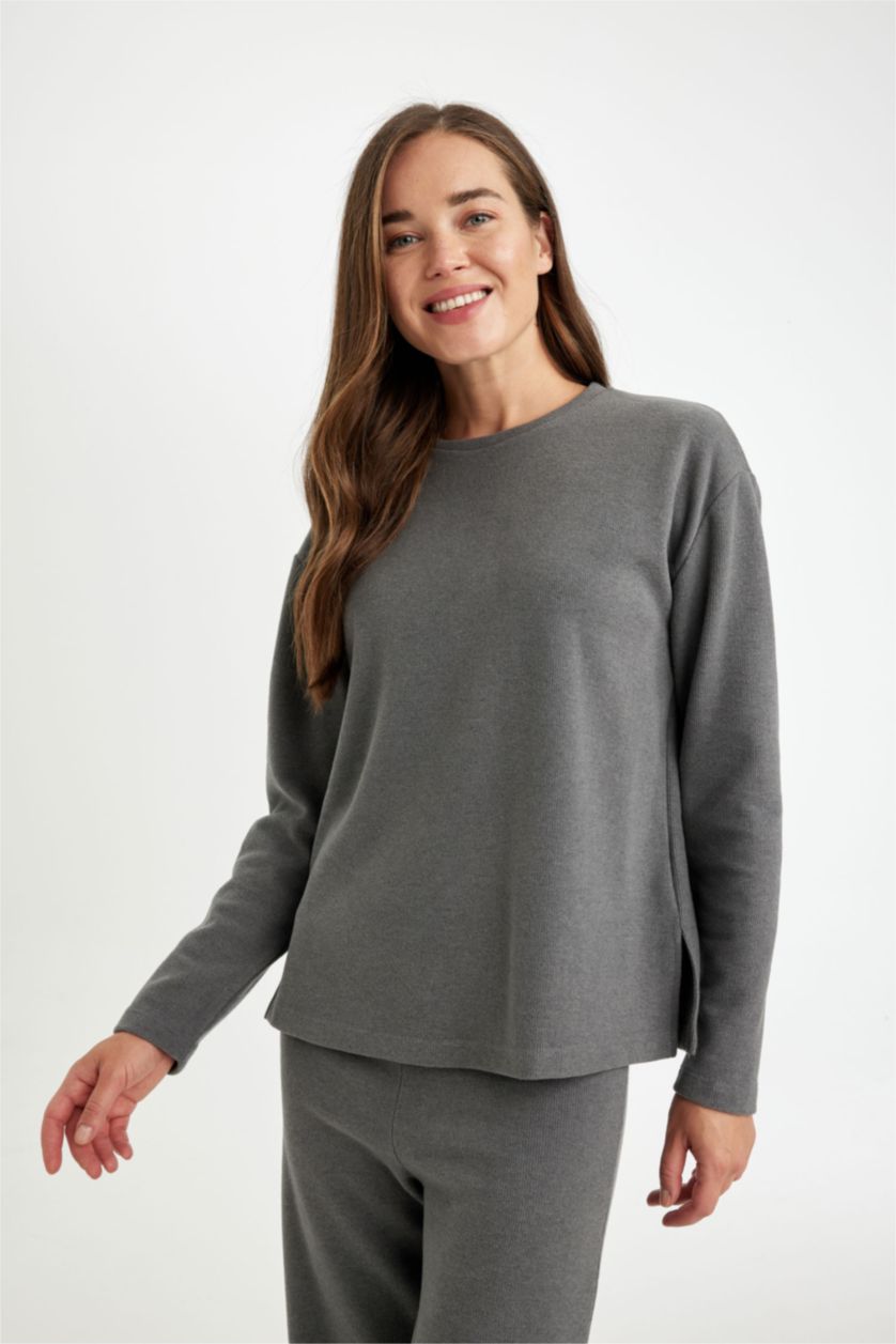 Kadın Antrasit Melanj Bisiklet Yaka Selanik Kumaş Basic Düz Uzun Kollu Tişört