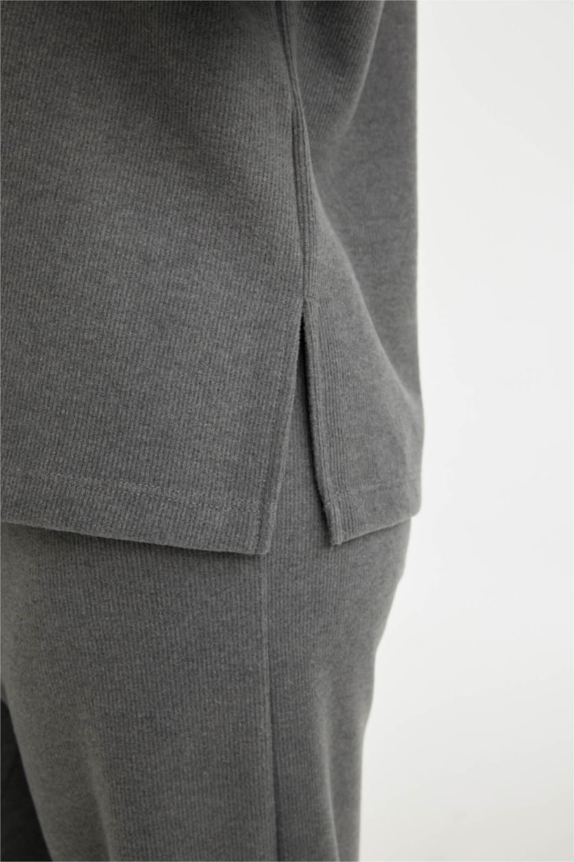 Kadın Antrasit Melanj Bisiklet Yaka Selanik Kumaş Basic Düz Uzun Kollu Tişört