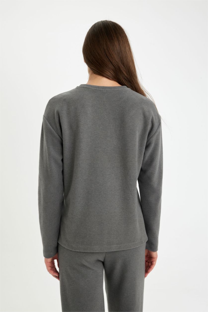 Kadın Antrasit Melanj Bisiklet Yaka Selanik Kumaş Basic Düz Uzun Kollu Tişört