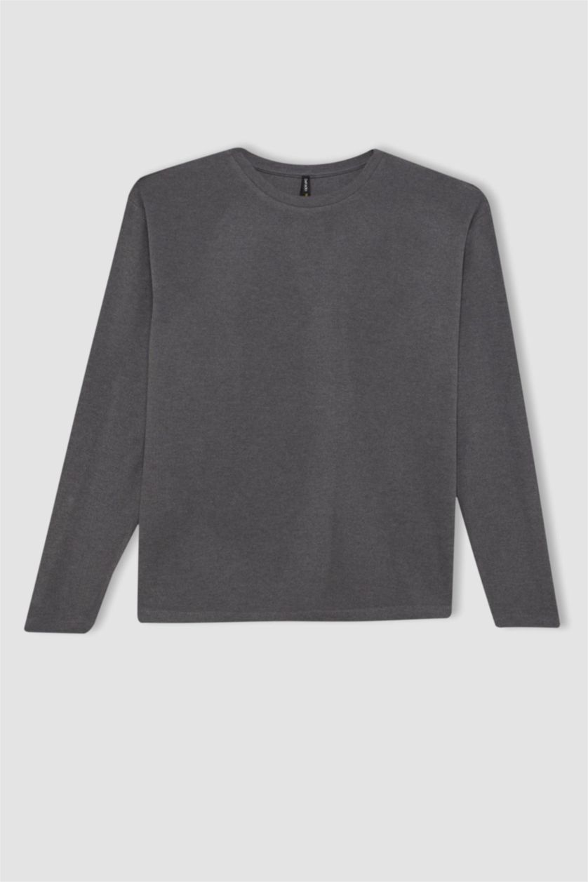 Kadın Antrasit Melanj Bisiklet Yaka Selanik Kumaş Basic Düz Uzun Kollu Tişört