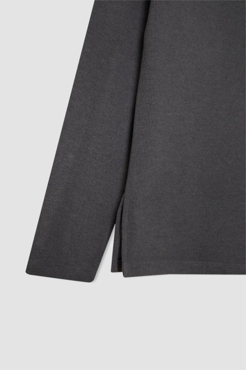 Kadın Antrasit Melanj Bisiklet Yaka Selanik Kumaş Basic Düz Uzun Kollu Tişört