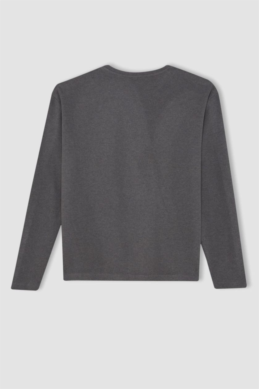 Kadın Antrasit Melanj Bisiklet Yaka Selanik Kumaş Basic Düz Uzun Kollu Tişört