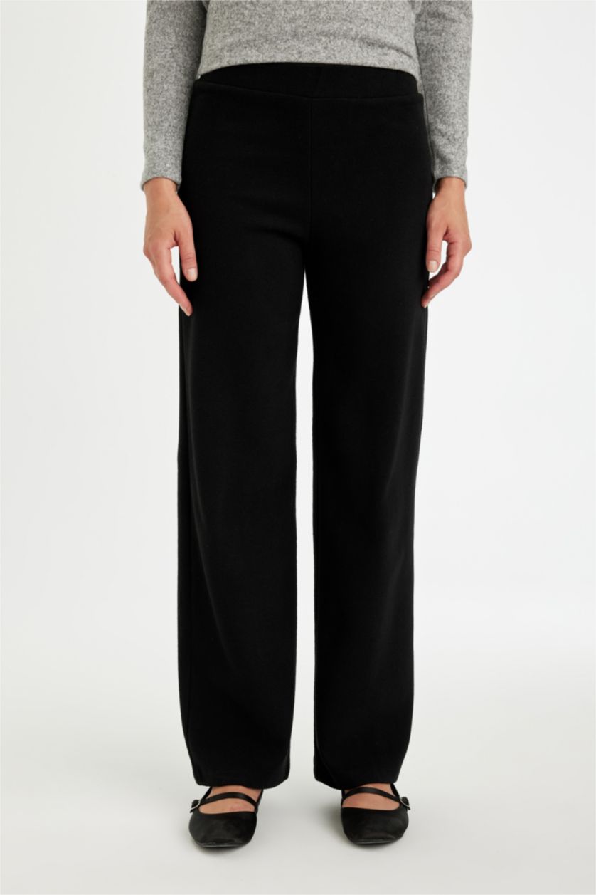 Kadın Siyah Siyah Triko Pantolon Wide Leg Geniş Bol Paça Selanik Kumaş Basic Düz