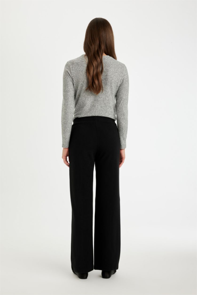 Kadın Siyah Siyah Triko Pantolon Wide Leg Geniş Bol Paça Selanik Kumaş Basic Düz