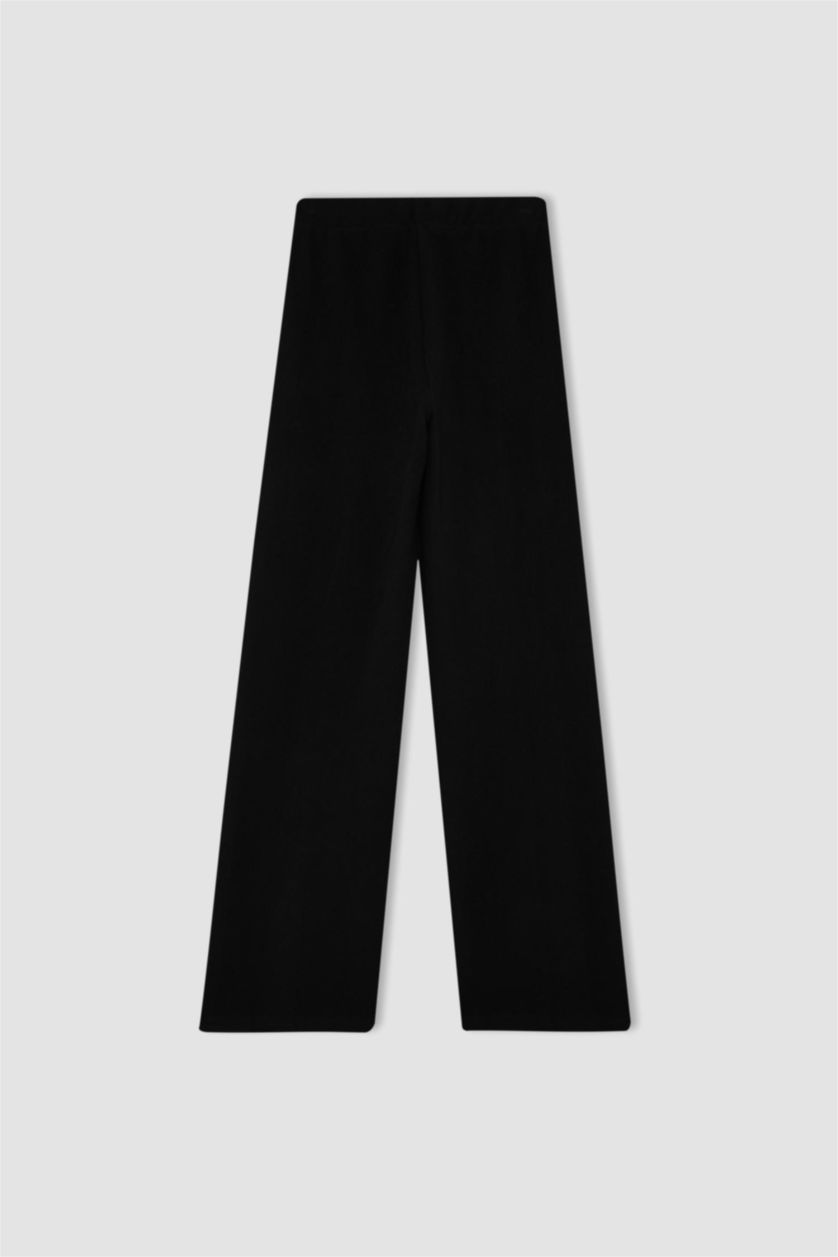 Kadın Siyah Siyah Triko Pantolon Wide Leg Geniş Bol Paça Selanik Kumaş Basic Düz