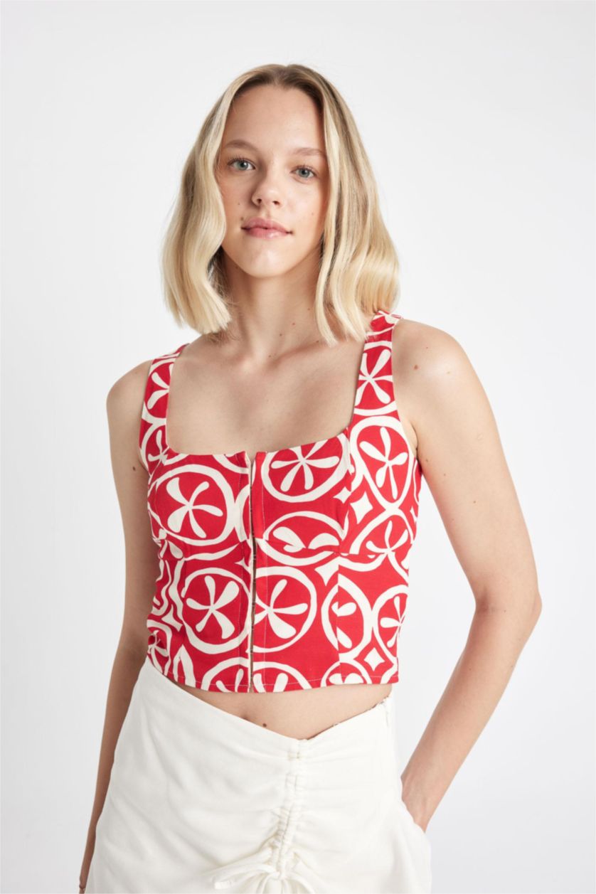 نساء أحمر بلوزة بدون كم مطبوع برقبة مربعة