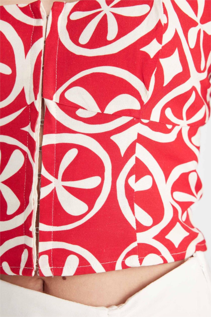 نساء أحمر بلوزة بدون كم مطبوع برقبة مربعة