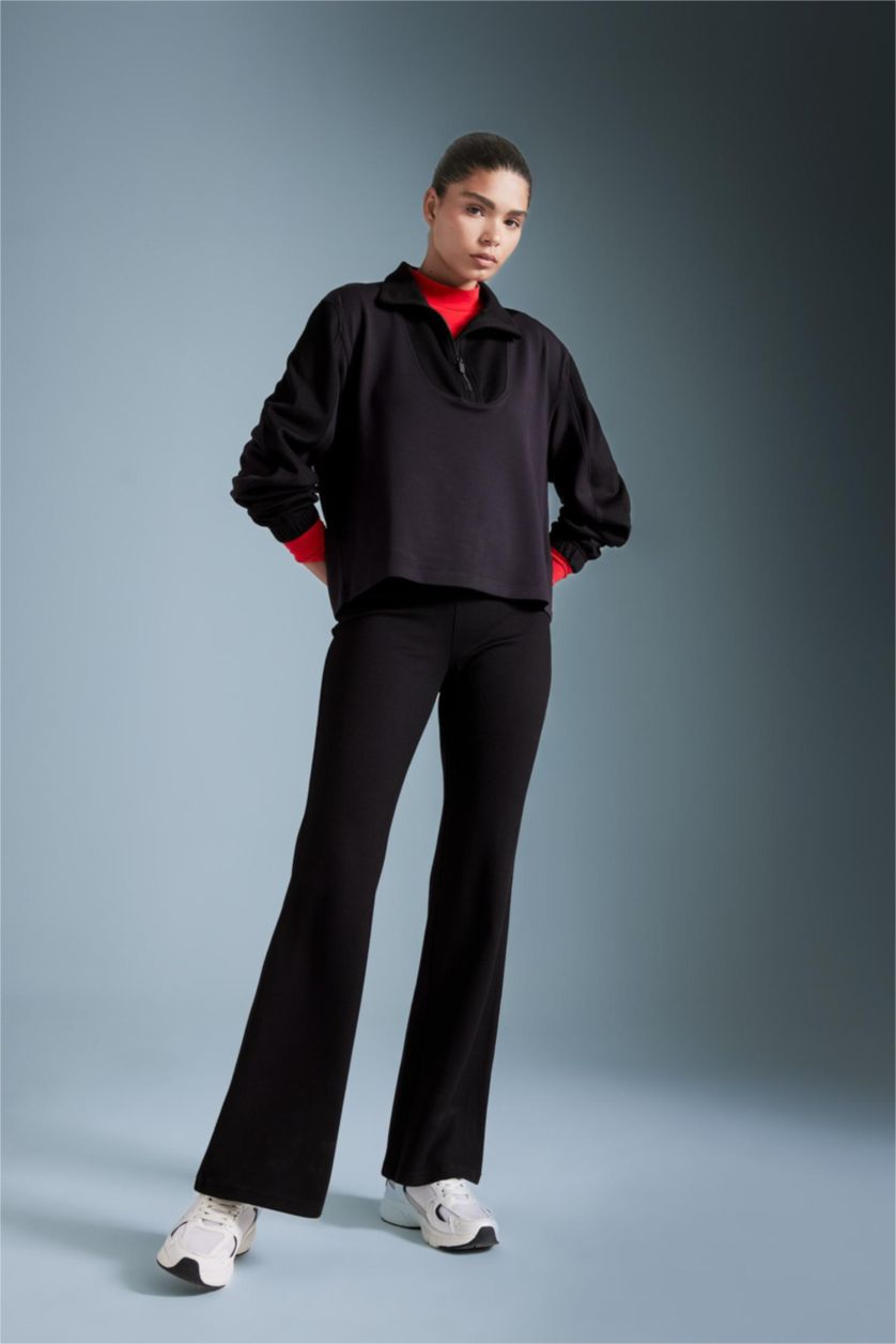 Kadın Siyah Flare Fit İspanyol Paça Standart Boy Modal Sporcu Pantolon