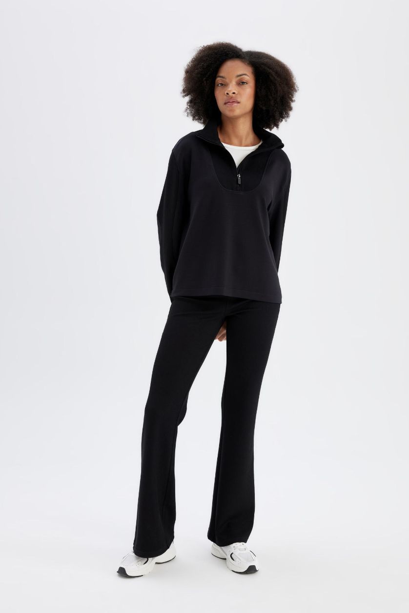 Kadın Siyah Flare Fit İspanyol Paça Standart Boy Modal Sporcu Pantolon