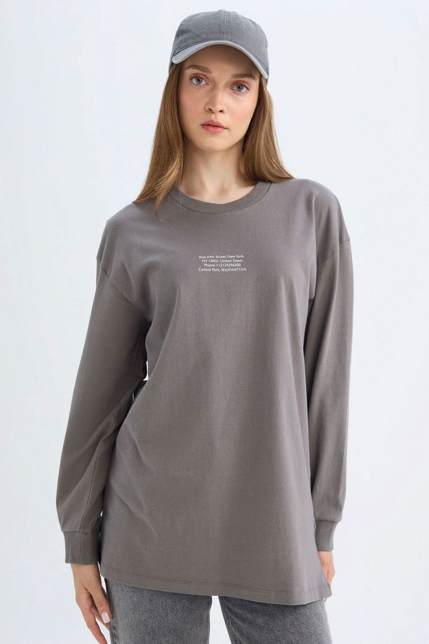 FEMME Gris Tunique à Manches Longues Coupe Régulière