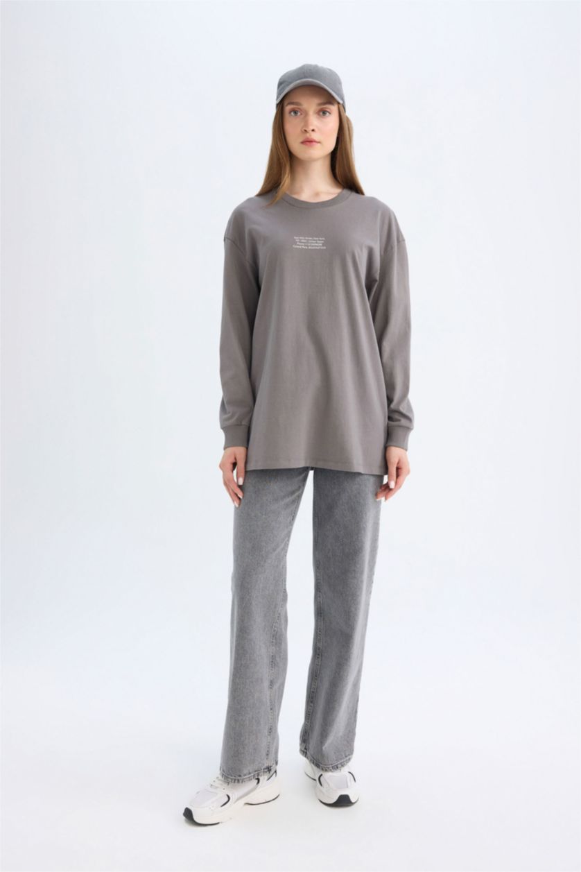 FEMME Gris Tunique à Manches Longues Coupe Régulière