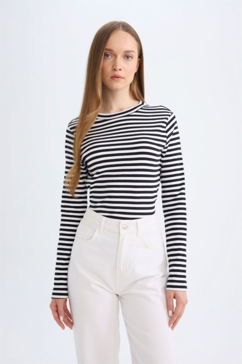 WOMAN Black Regular Fit Striped Ribbed Camisole T-Shirt Tunic