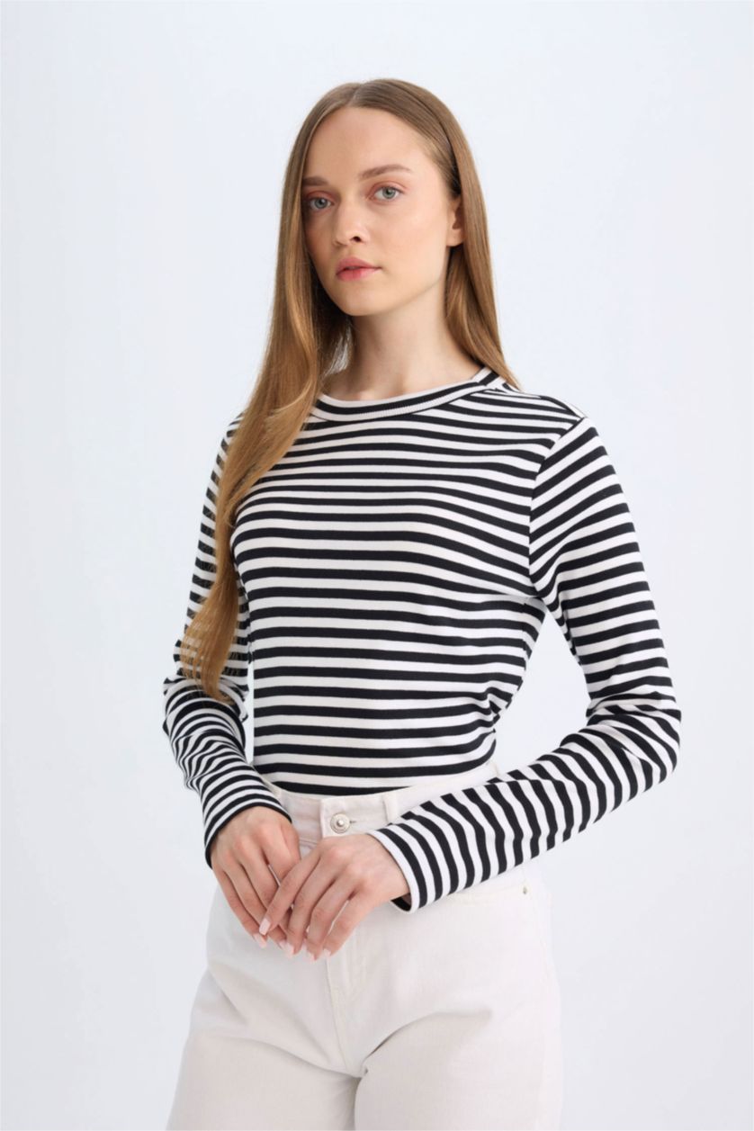 WOMAN Black Regular Fit Striped Ribbed Camisole T-Shirt Tunic