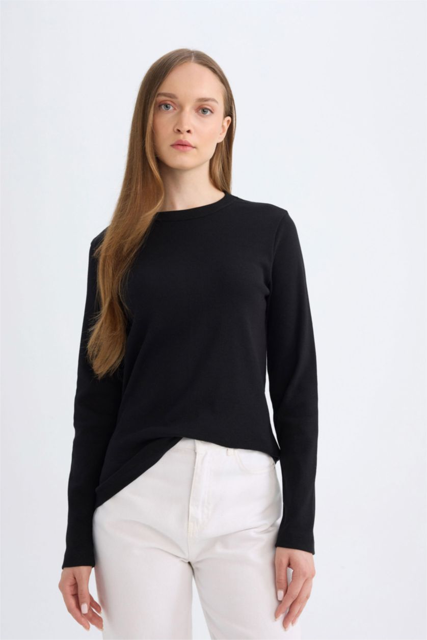 FEMME Noir T-shirt à Manches Longues Basique à col rond