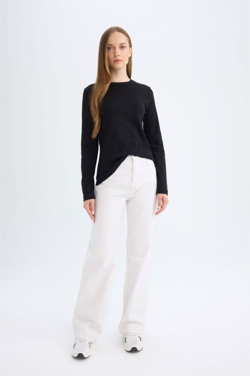 FEMME Noir T-shirt à Manches Longues Basique à col rond