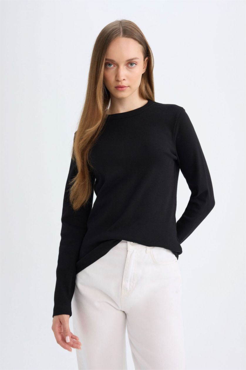 FEMME Noir T-shirt à Manches Longues Basique à col rond