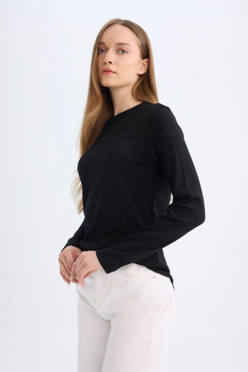 FEMME Noir T-shirt à Manches Longues Basique à col rond