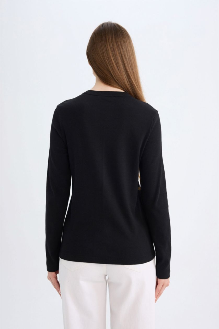 FEMME Noir T-shirt à Manches Longues Basique à col rond