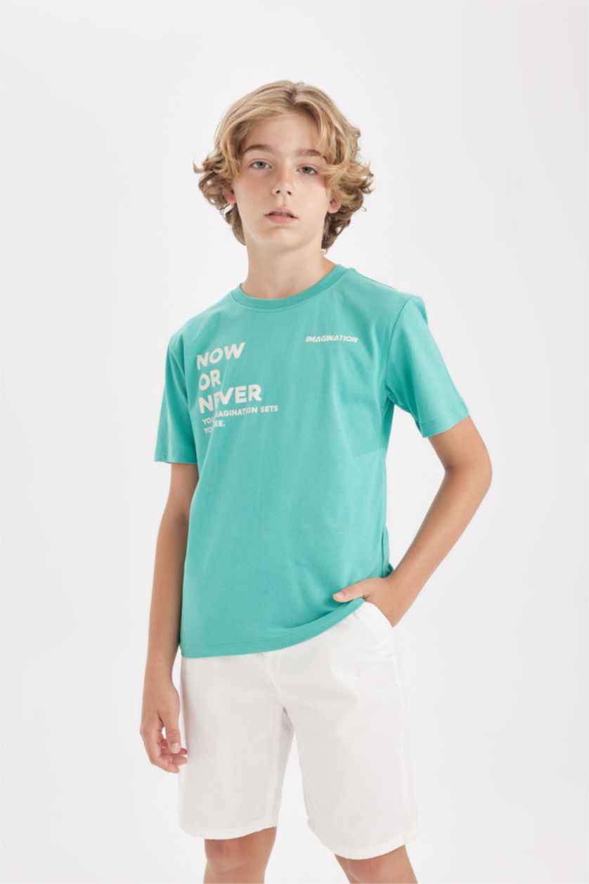 Boys & Teens Light Green Regular Fit Printed Short Sleeve T-Shirt