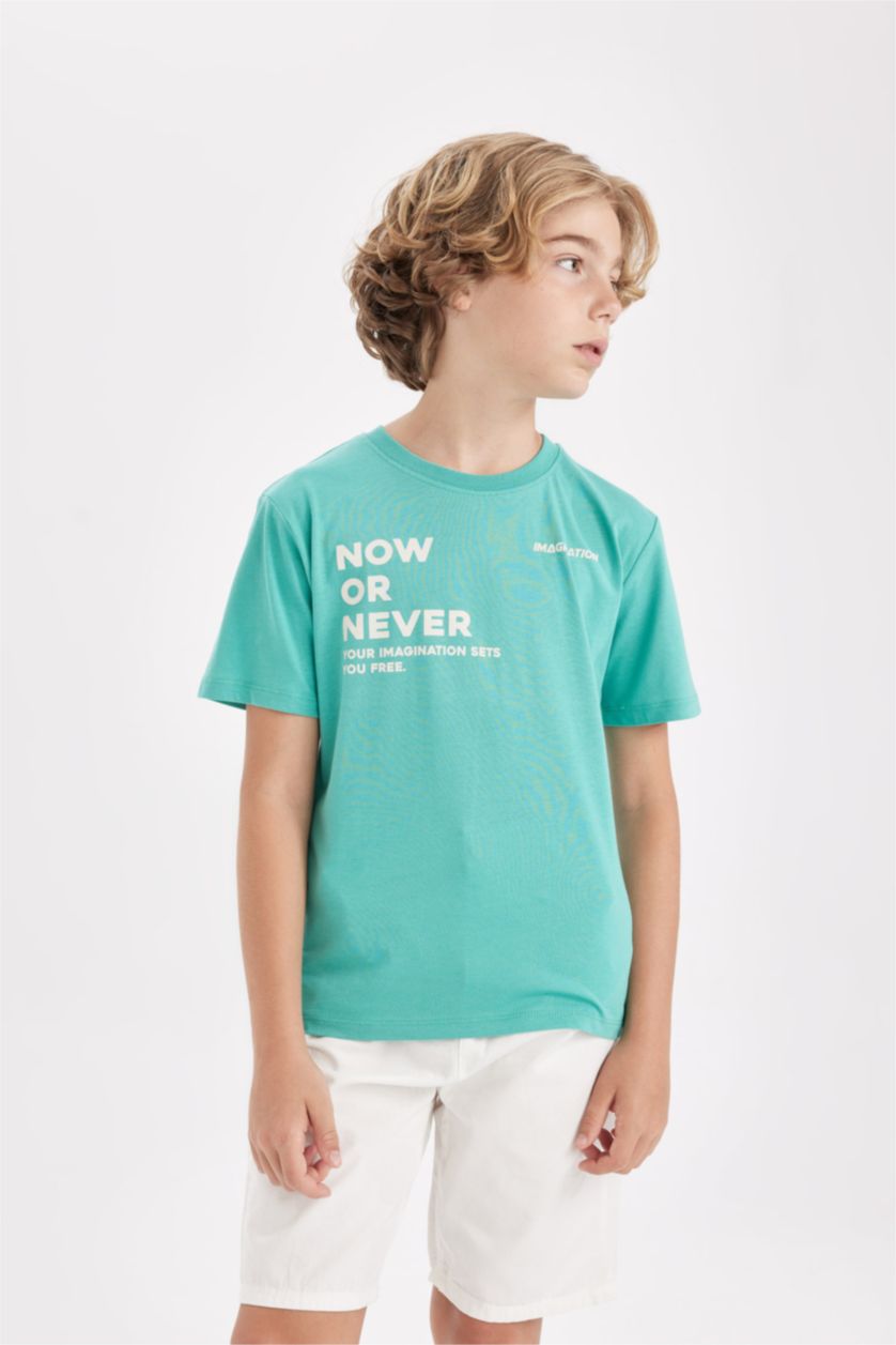 Boys & Teens Light Green Regular Fit Printed Short Sleeve T-Shirt