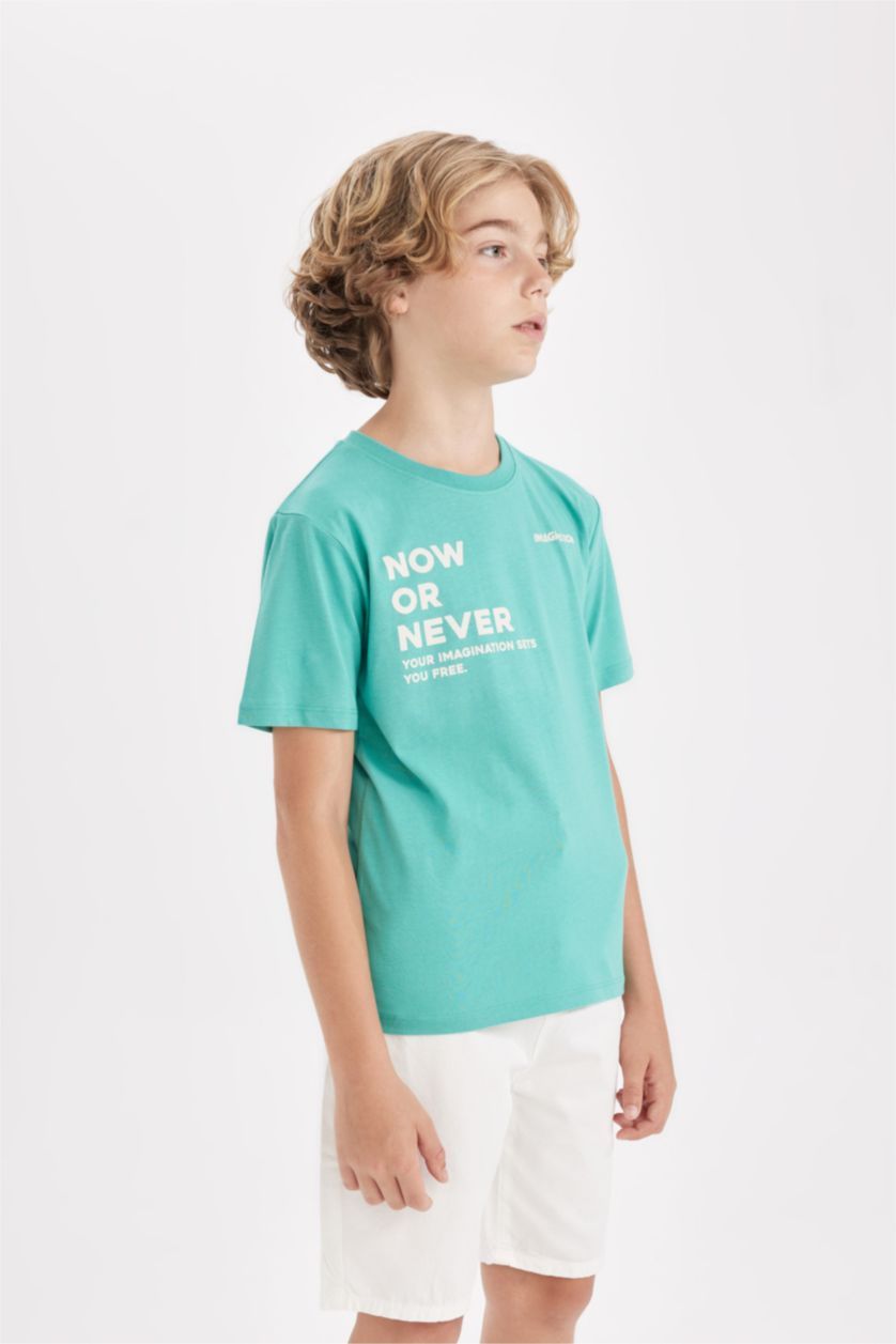 Boys & Teens Light Green Regular Fit Printed Short Sleeve T-Shirt