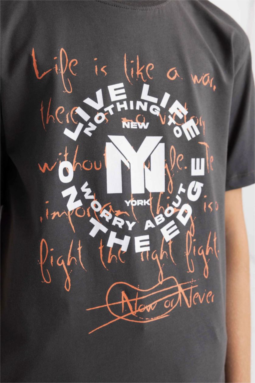 Erkek Çocuk - Genç Erkek Antrasit Bisiklet Yaka Baskılı Kısa Kollu Tişört Erkek Çocuk