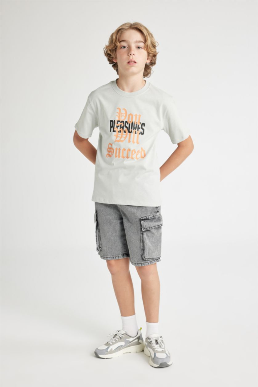 Erkek Çocuk - Genç Erkek Açık Gri Bisiklet Yaka Baskılı Kısa Kollu Tişört Erkek Çocuk