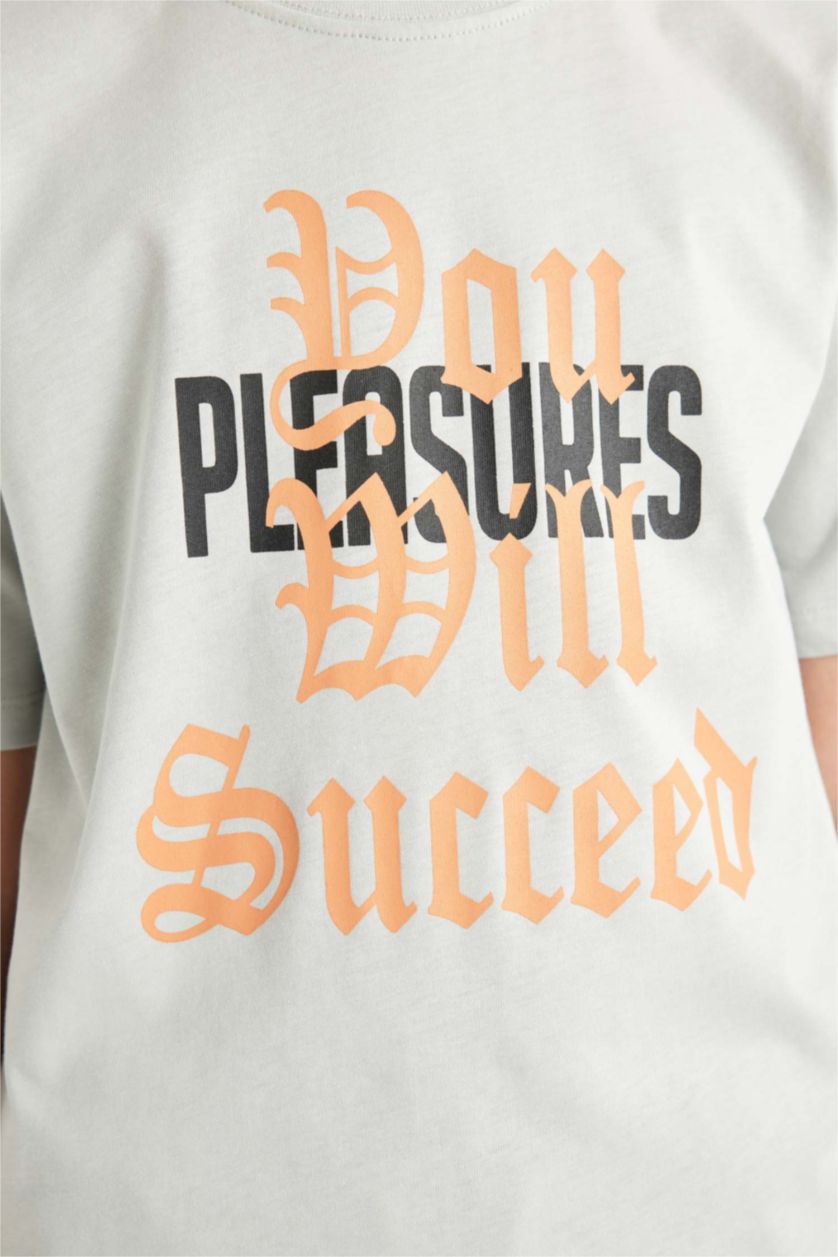 Erkek Çocuk - Genç Erkek Açık Gri Bisiklet Yaka Baskılı Kısa Kollu Tişört Erkek Çocuk