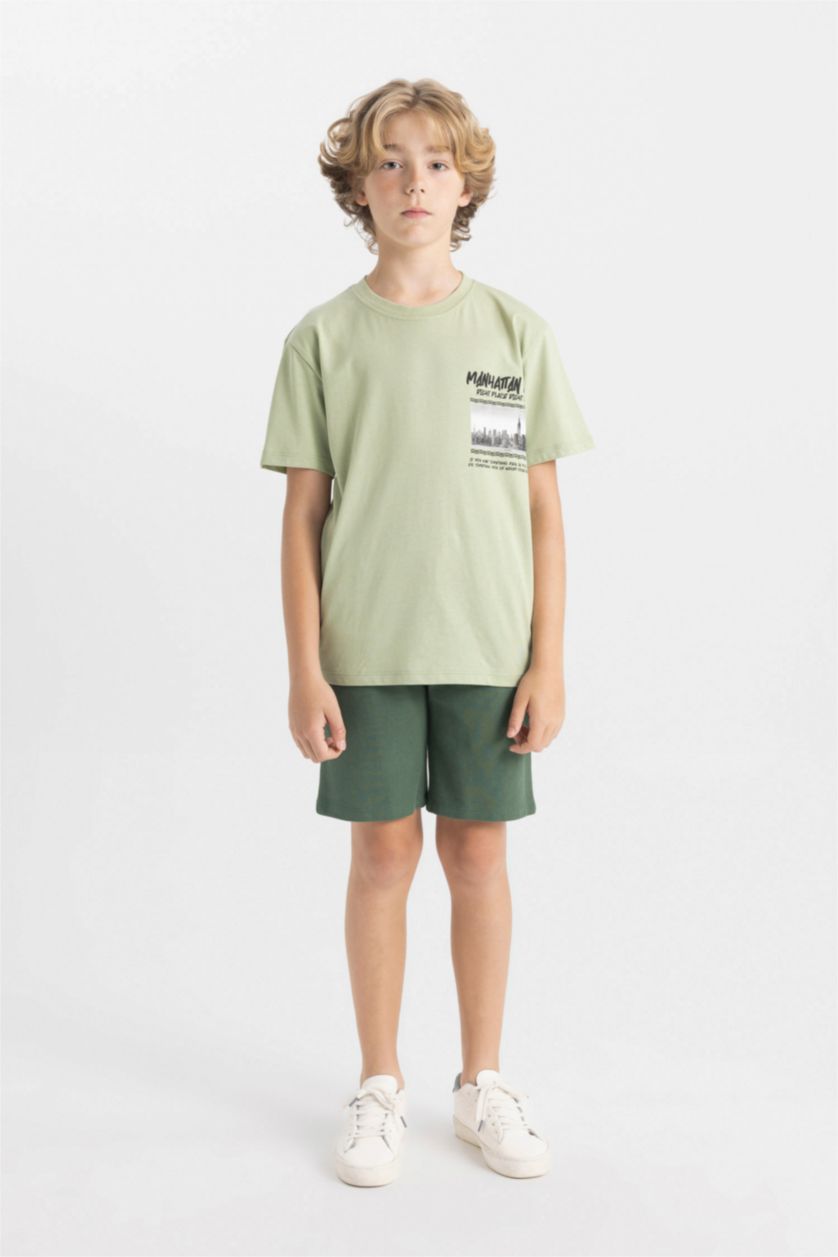 Erkek Çocuk - Genç Erkek Açık Yeşil Erkek Çocuk Bisiklet Yaka Baskılı Kısa Kollu Tişört