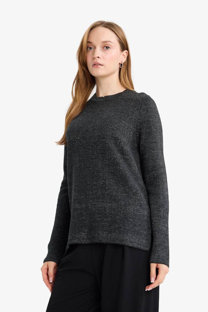 Woman Anthracite Regular Fit Glitter Fabric Knitwear Pullover