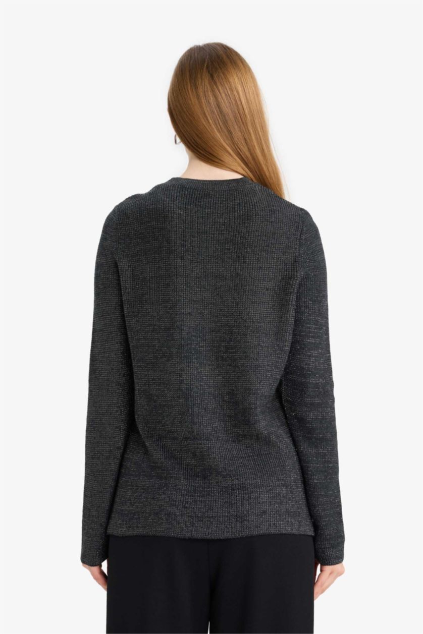 Woman Anthracite Regular Fit Glitter Fabric Knitwear Pullover