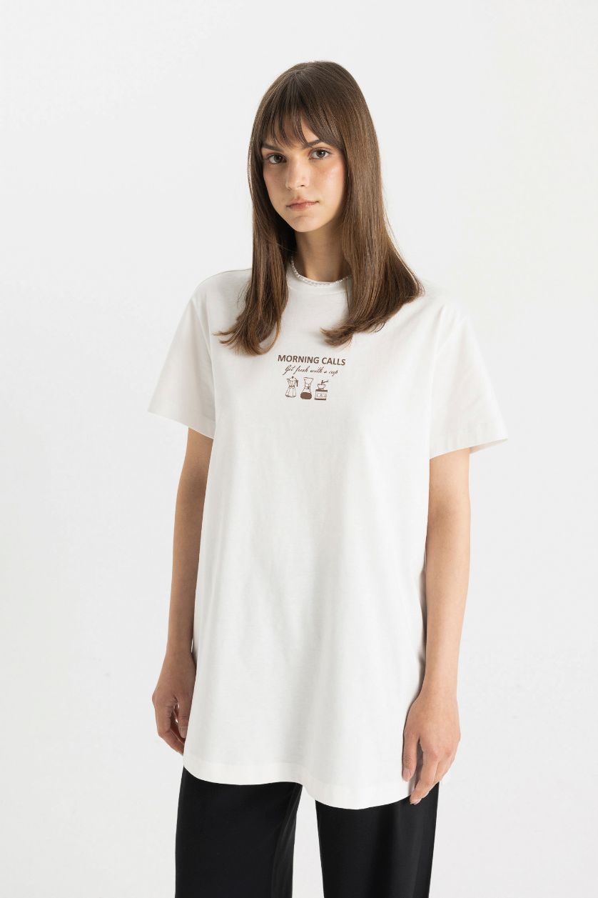 FEMME Écru T-shirt à Manches Courtes coupe régulière imprimé à Col Rond