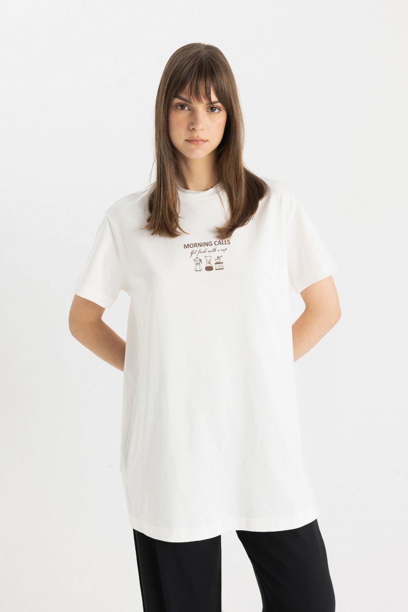 FEMME Écru T-shirt à Manches Courtes coupe régulière imprimé à Col Rond