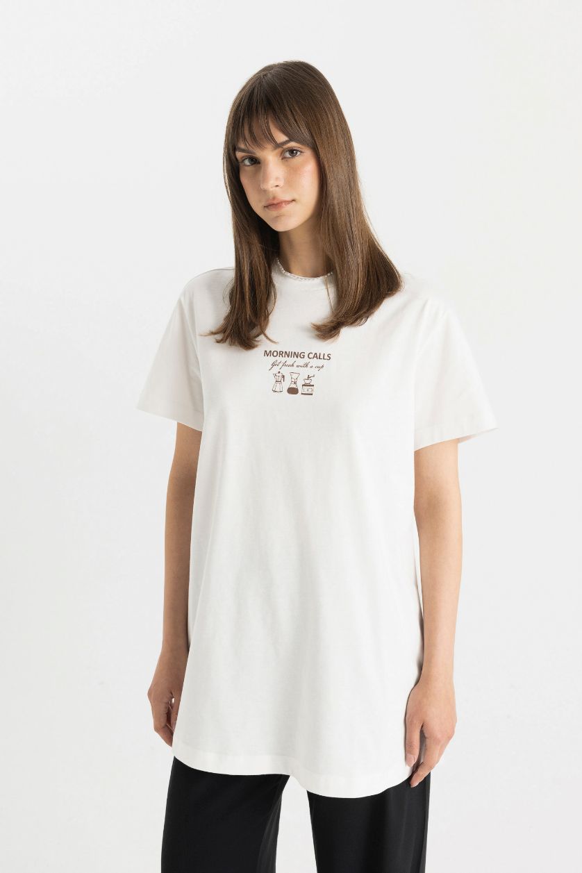 FEMME Écru T-shirt à Manches Courtes coupe régulière imprimé à Col Rond