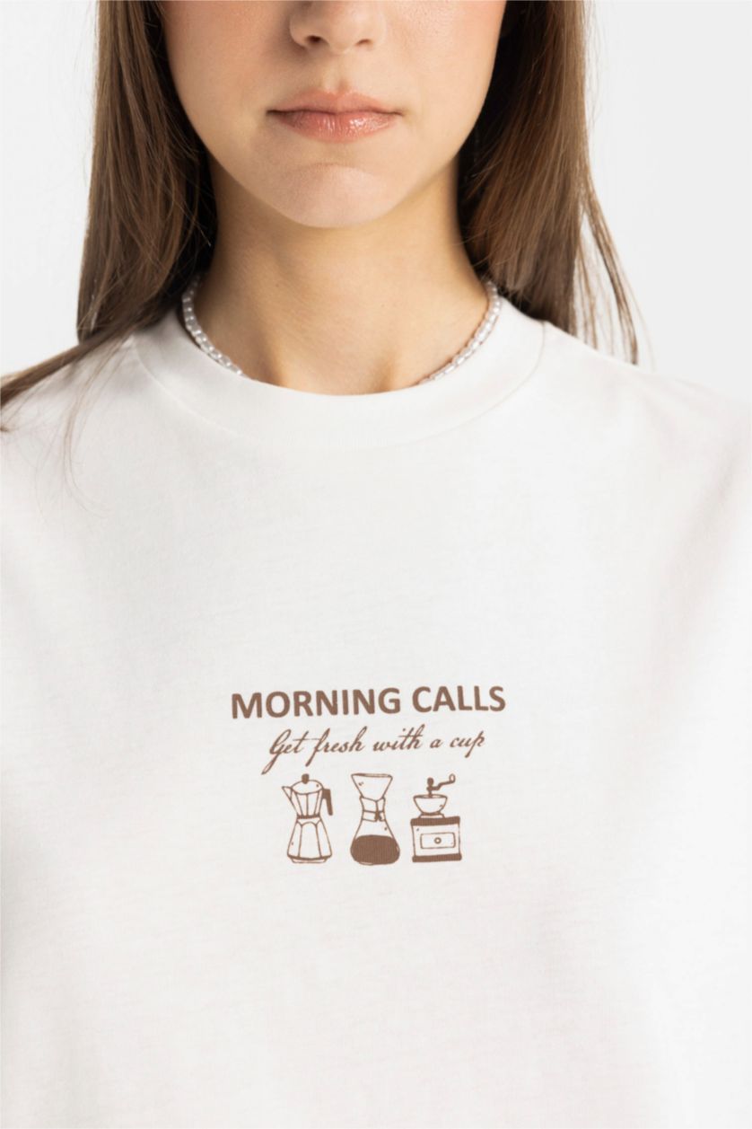 FEMME Écru T-shirt à Manches Courtes coupe régulière imprimé à Col Rond