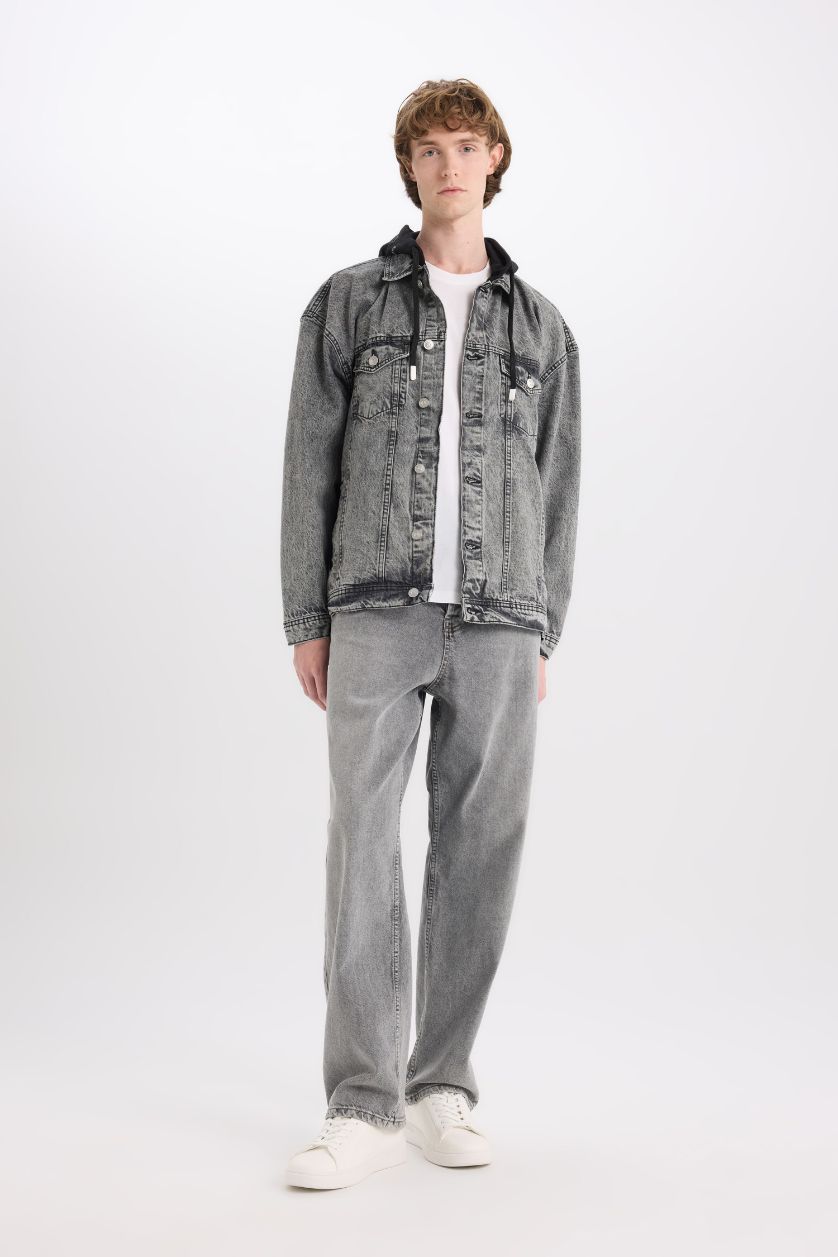 Erkek Gri %100 Pamuk Oversize Geniş Kalıp Kapüşonlu Düğmeli Mevsimlik Baharlık Denim Ceket