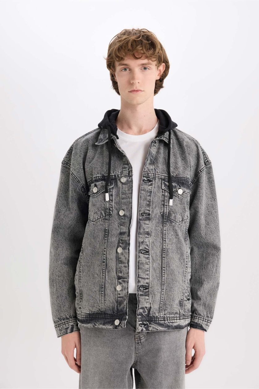 Erkek Gri %100 Pamuk Oversize Geniş Kalıp Kapüşonlu Düğmeli Mevsimlik Baharlık Denim Ceket