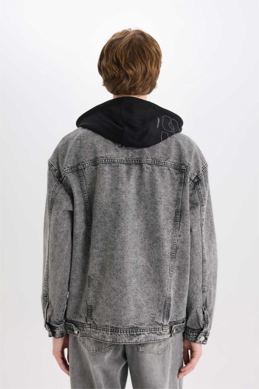 Erkek Gri %100 Pamuk Oversize Geniş Kalıp Kapüşonlu Düğmeli Mevsimlik Baharlık Denim Ceket